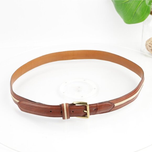 VTG USA Cole Haan Mens Belt Size 42 Brown Leather Tan Inlay Handcrafted Maine - Picture 3 of 16
